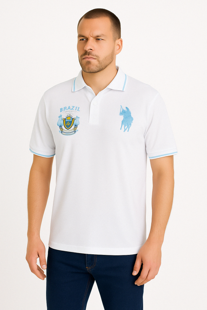 Μπλουζάκι POLO Luciano Faketti Piquet Κοντό μανίκι βαμβάκι 100% ΣΧΕΔΙΑΣΤΙΚΟ με δυο κεντήματα Aπο ανεξίτηλες κλωστές ΕΛΛΗΝΙΚΗΣ ΡΑΦΗΣ  σε χρώμα λευκό
