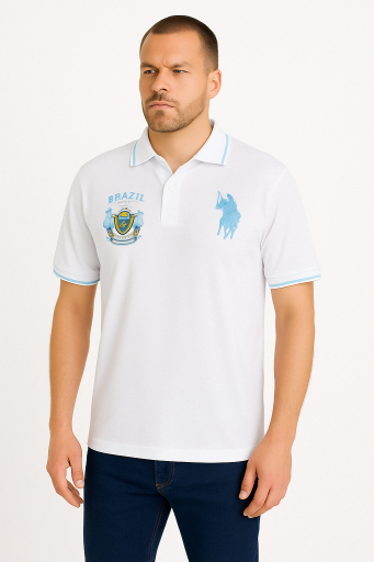 Μπλουζάκι POLO Luciano Faketti Piquet Κοντό μανίκι βαμβάκι 100% ΣΧΕΔΙΑΣΤΙΚΟ με δυο κεντήματα Aπο ανεξίτηλες κλωστές ΕΛΛΗΝΙΚΗΣ ΡΑΦΗΣ  σε χρώμα λευκό
