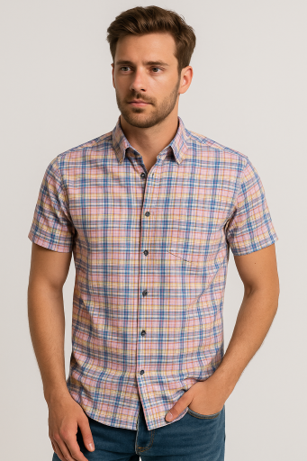Πουκάμισο κοντομάνικο στενή γραμμή SLIM FIT καρω μπλε 
