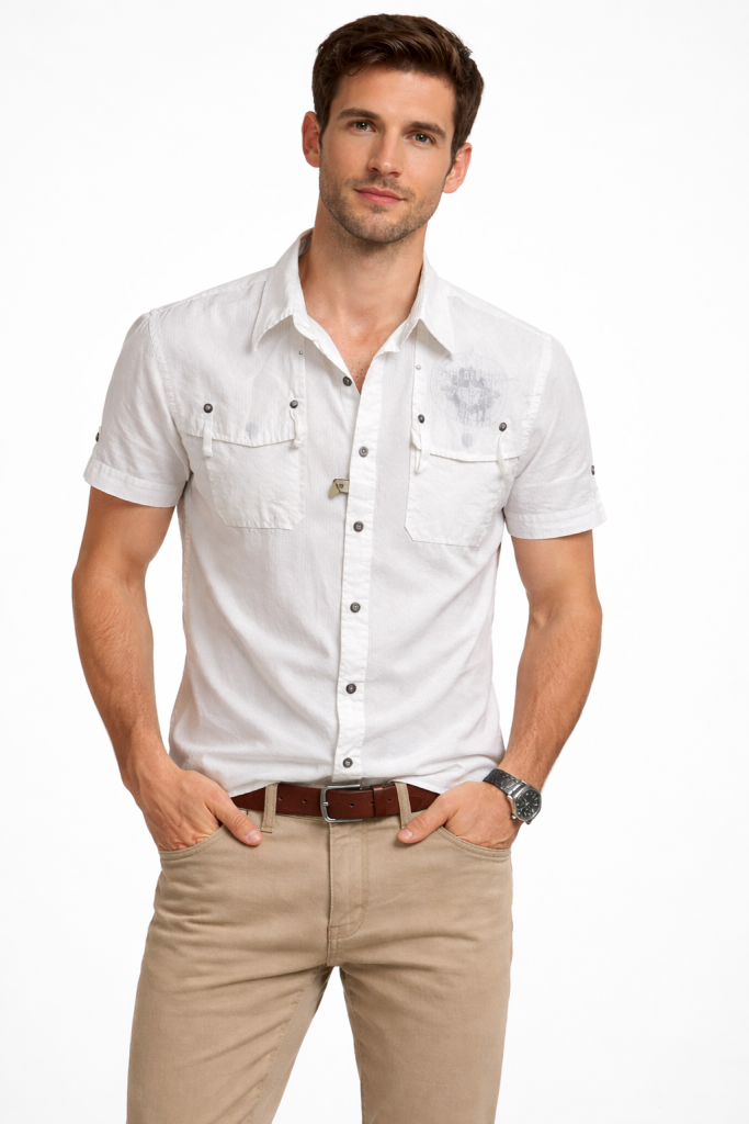 Πουκαμισο κοντό μανική ριγέ 
στενή γραμμή ΣΕ ΧΡΏΜΑ ΛΕΥΚΌ 