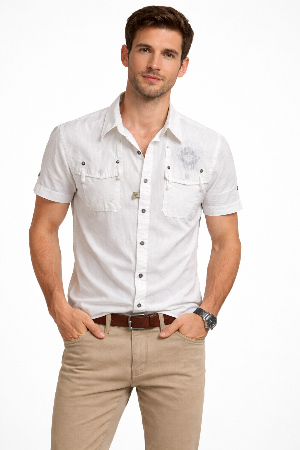 Πουκαμισο κοντό μανική ριγέ 
στενή γραμμή ΣΕ ΧΡΏΜΑ ΛΕΥΚΌ 