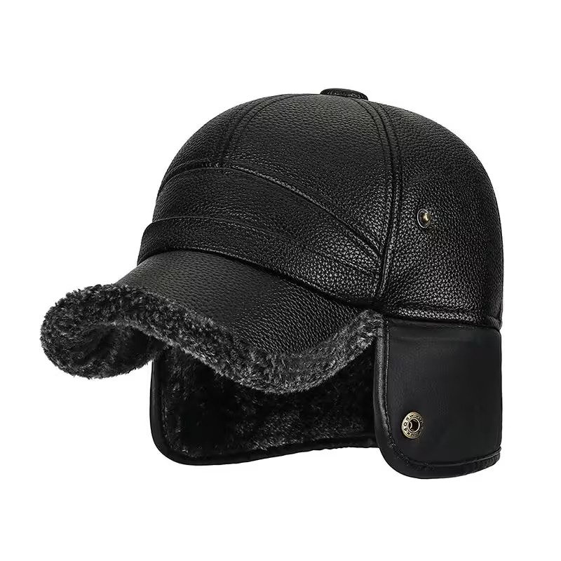 Καπέλο Χειμερινο Ζεστο από Τεχνητό Δέρμα με Φλις Επένδυση - Παχύ, Αντιανεμικό Καπέλο Μπέιζμπολ με Αυτιά, Μοδάτο Μαύρο Πλεκτό Σχέδιο για Άνεση στο Κρύο, Χειμερινά Ρούχα