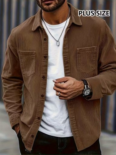 Πουκάμισο Ανδρών - Μεγάλο & Ψηλό Καφέ Κοτλέ Πουκάμισο με 2 Τσέπες στο Στήθος, Μακρύ Μανίκι με Κουμπιά, Πλένετε στο Πλυντήριο, Κλασικό Γιακά, Ποιοτική Ραφή, Πολυχρηστικό Πουκάμισο