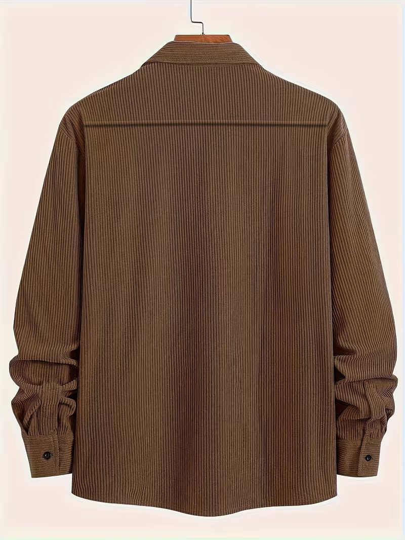 Πουκάμισο Ανδρών - Μεγάλο & Ψηλό Καφέ Κοτλέ Πουκάμισο με 2 Τσέπες στο Στήθος, Μακρύ Μανίκι με Κουμπιά, Πλένετε στο Πλυντήριο, Κλασικό Γιακά, Ποιοτική Ραφή, Πολυχρηστικό Πουκάμισο
