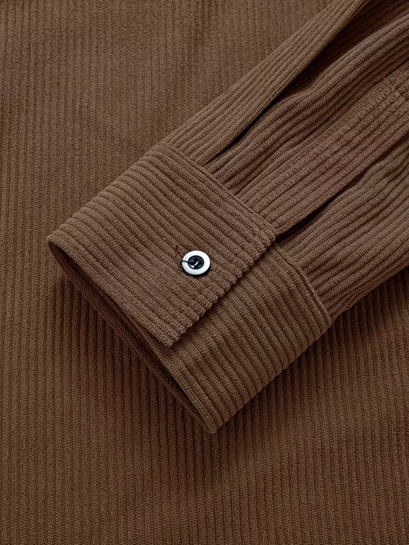 Πουκάμισο Ανδρών - Μεγάλο & Ψηλό Καφέ Κοτλέ Πουκάμισο με 2 Τσέπες στο Στήθος, Μακρύ Μανίκι με Κουμπιά, Πλένετε στο Πλυντήριο, Κλασικό Γιακά, Ποιοτική Ραφή, Πολυχρηστικό Πουκάμισο