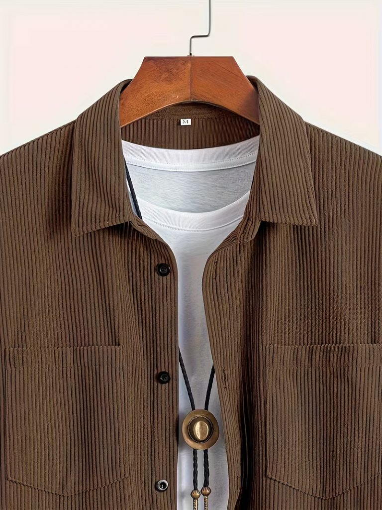 Πουκάμισο Ανδρών - Μεγάλο & Ψηλό Καφέ Κοτλέ Πουκάμισο με 2 Τσέπες στο Στήθος, Μακρύ Μανίκι με Κουμπιά, Πλένετε στο Πλυντήριο, Κλασικό Γιακά, Ποιοτική Ραφή, Πολυχρηστικό Πουκάμισο