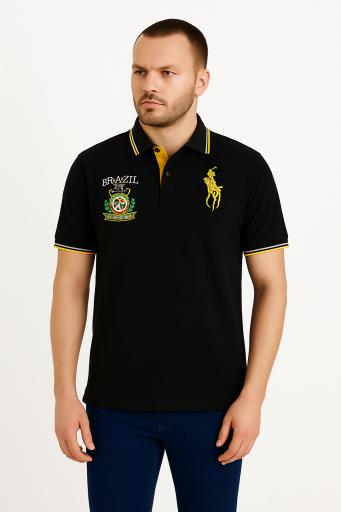 Μπλουζάκι POLO Piquet Κοντό μανίκι   βαμβάκι 100% ΣΧΕΔΙΑΣΤΙΚΟ με δυο κεντήματα Aπο ανεξίτηλες κλωστές ΕΛΛΗΝΙΚΗΣ ΡΑΦΗΣ χρώμα μαύρο 
