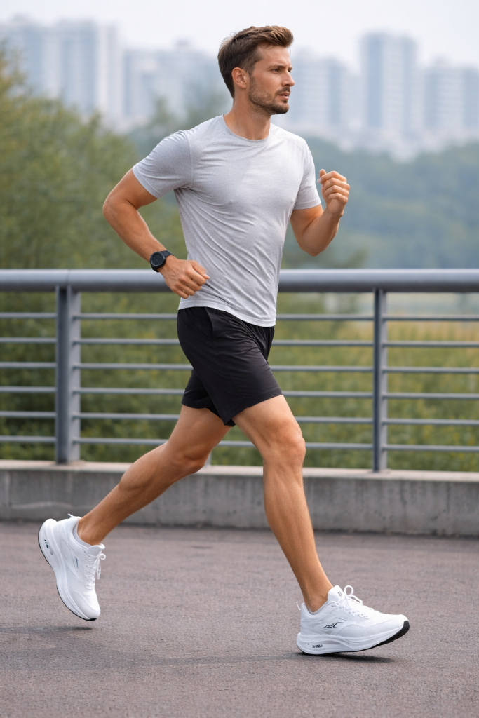 Παπούτσι αθλήτικο με ειδικό σχήμα για σωστό βάδισμα και σολα ειδικά σχεδιασμένη για περπάτημα λευκο