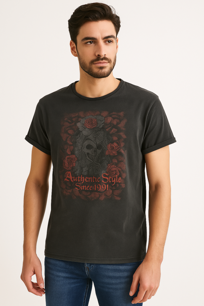 Μπλουζακι βαμβακερο με στάμπα t-shirt slim fit ανθρακι