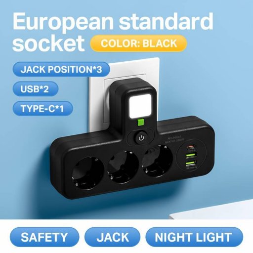 Πολύπριζο με USB ευρωπαϊκού τύπου, 2 θύρες USB και ανεξάρτητο διακόπτη σε σχήμα C, Συμπαγής σχεδίαση χωρίς εμπόδια, 10A 2500W, κατάλληλος για σπίτι, γραφείο ή κουζίνα,σε χρωμα μαυρο μονον 