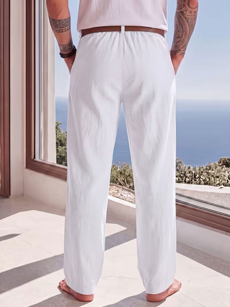 Ανδρικό Μονόχρωμο Λινό λευκό Casual Παντελόνι, Καθημερινή Μετακίνηση Βασικό Στυλ 